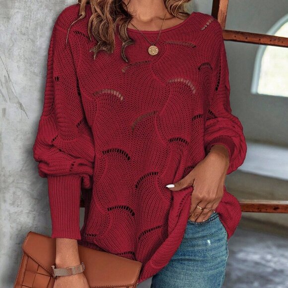 Burgundy Casual Women's Round Neck Drop Shoulder loose knit Sweater - Picture 4 of 7